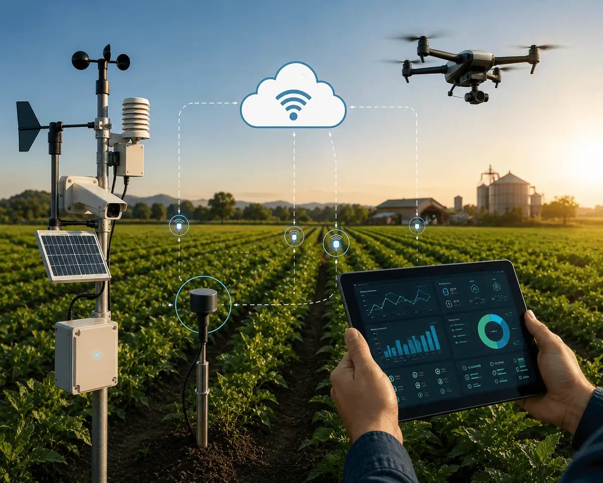 IoT-based farm security monitoring platform integrating sensors, cameras, drones, and real-time analytics for centralized management.